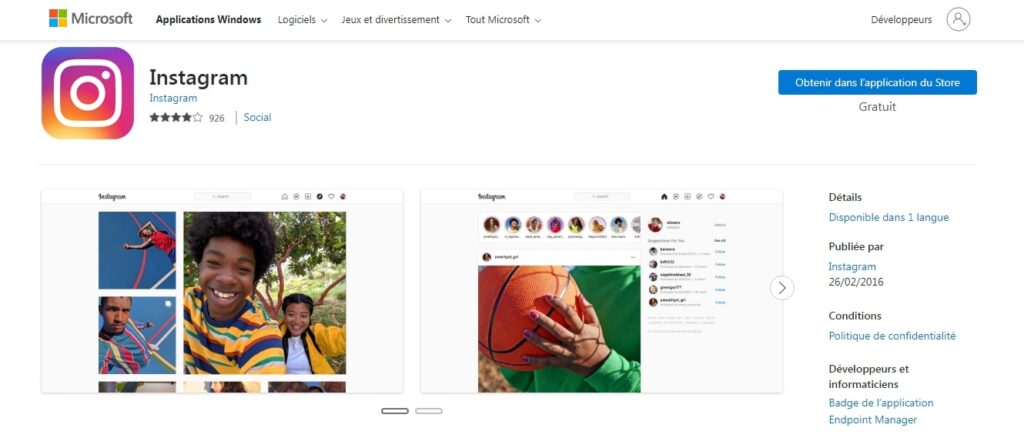Instagram sur PC avec l'application Windows