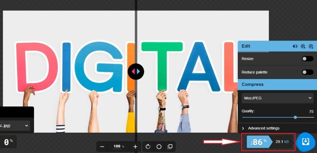 Squoosh : la taille du nouveau fichier