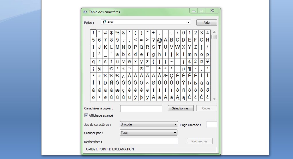 Table des caractères Windows