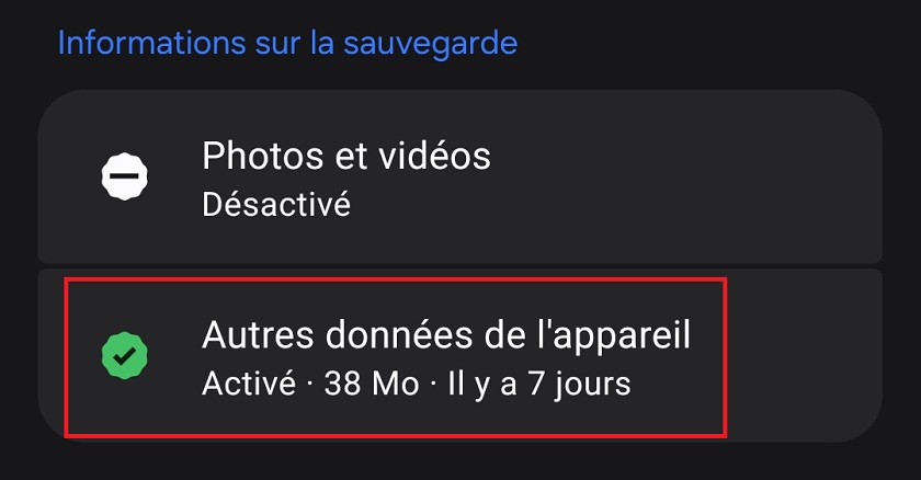 Autres données de l'appareil
